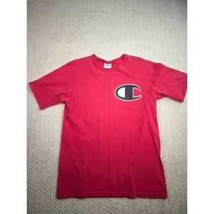 Vintage Champion Red T Shirt Embroidered Big C Logo Stitch Patch Medium On Tag